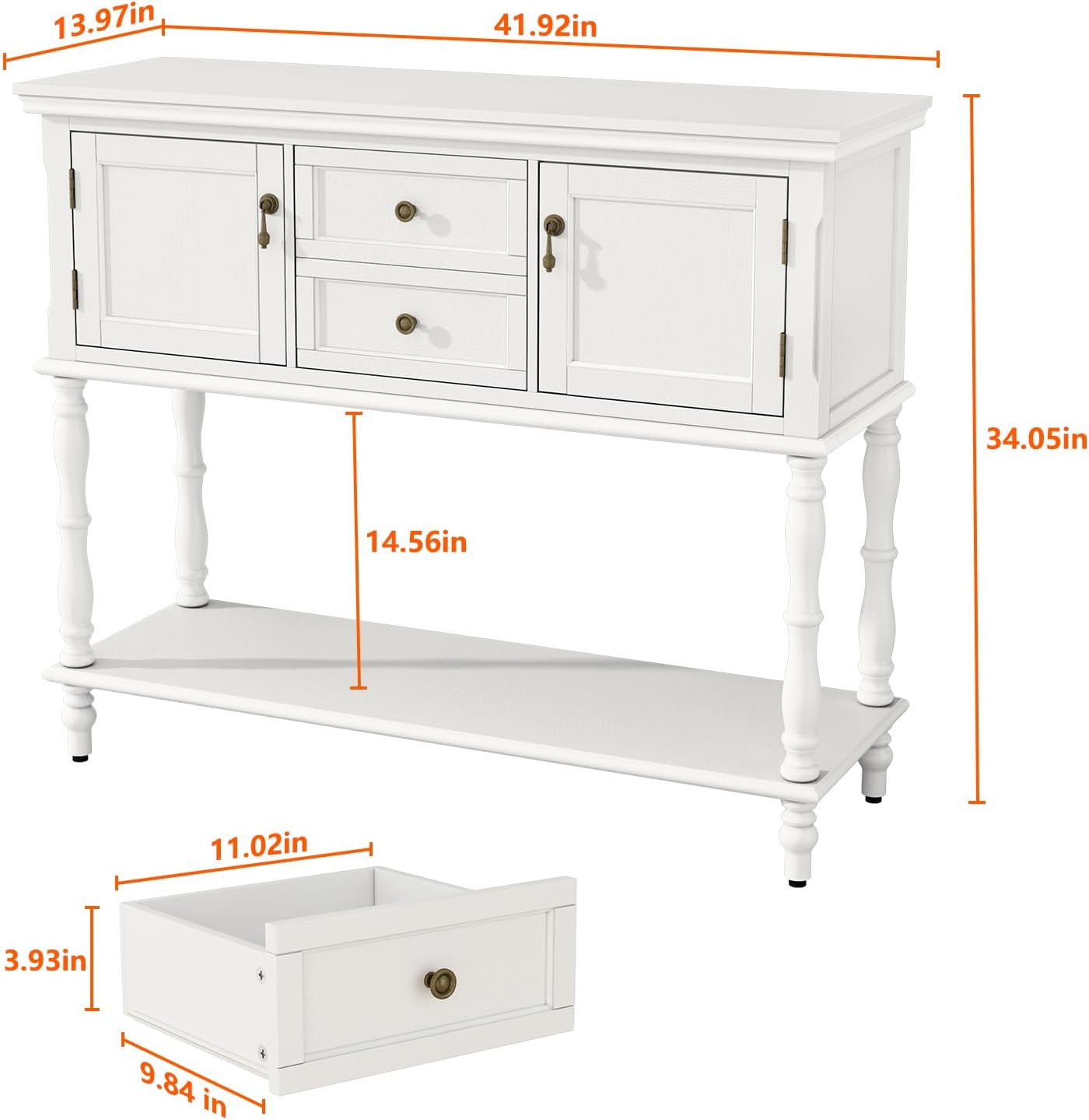 ARTPOWER Console Table with 2 Drawers, Retro Entryway Table with 2 Door Cabinets and Open Storage Shelf, Narrow Long Behind Couch Sofa Table for Living Room, Foyer, Hallway, White