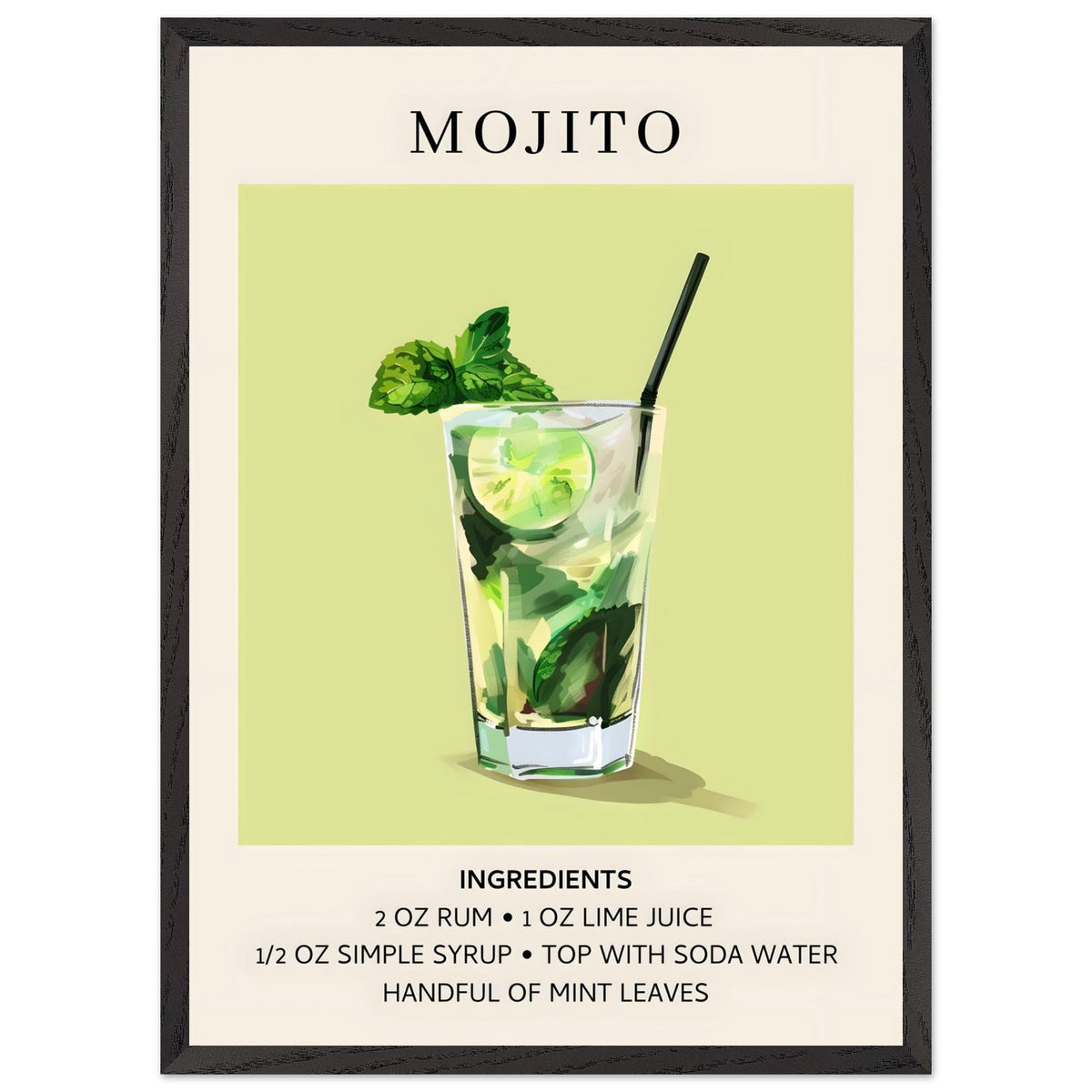 Artfulprints Poster met Lijst Mojito cocktail - Ingrediënten  - 50x70 cm - Groen