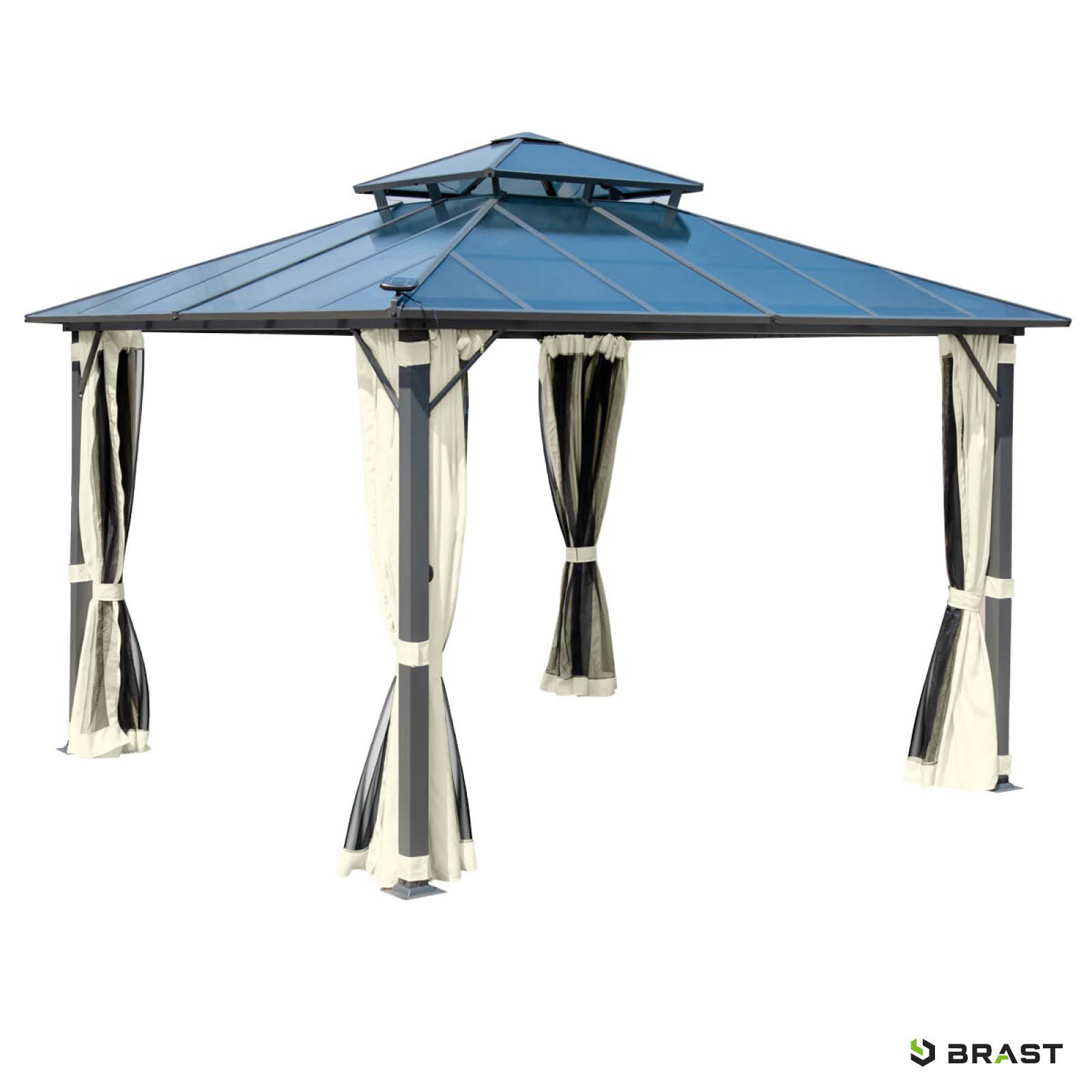 BRAST Alu Pavillon PAGODE 3,5x3,5m beige mit Moskitonetz & LED-Beleuchtung