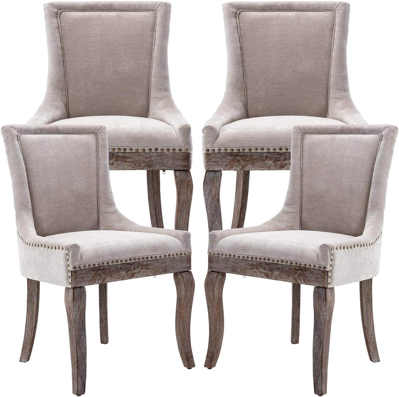 Modern Dining Chairs Set of 4, Fabric Upholstered High Back Chairs with Nailhead Trim and Curved Solid Wood Legs, Sillas de Comedor Accent Chairs for Dining Room, Beige