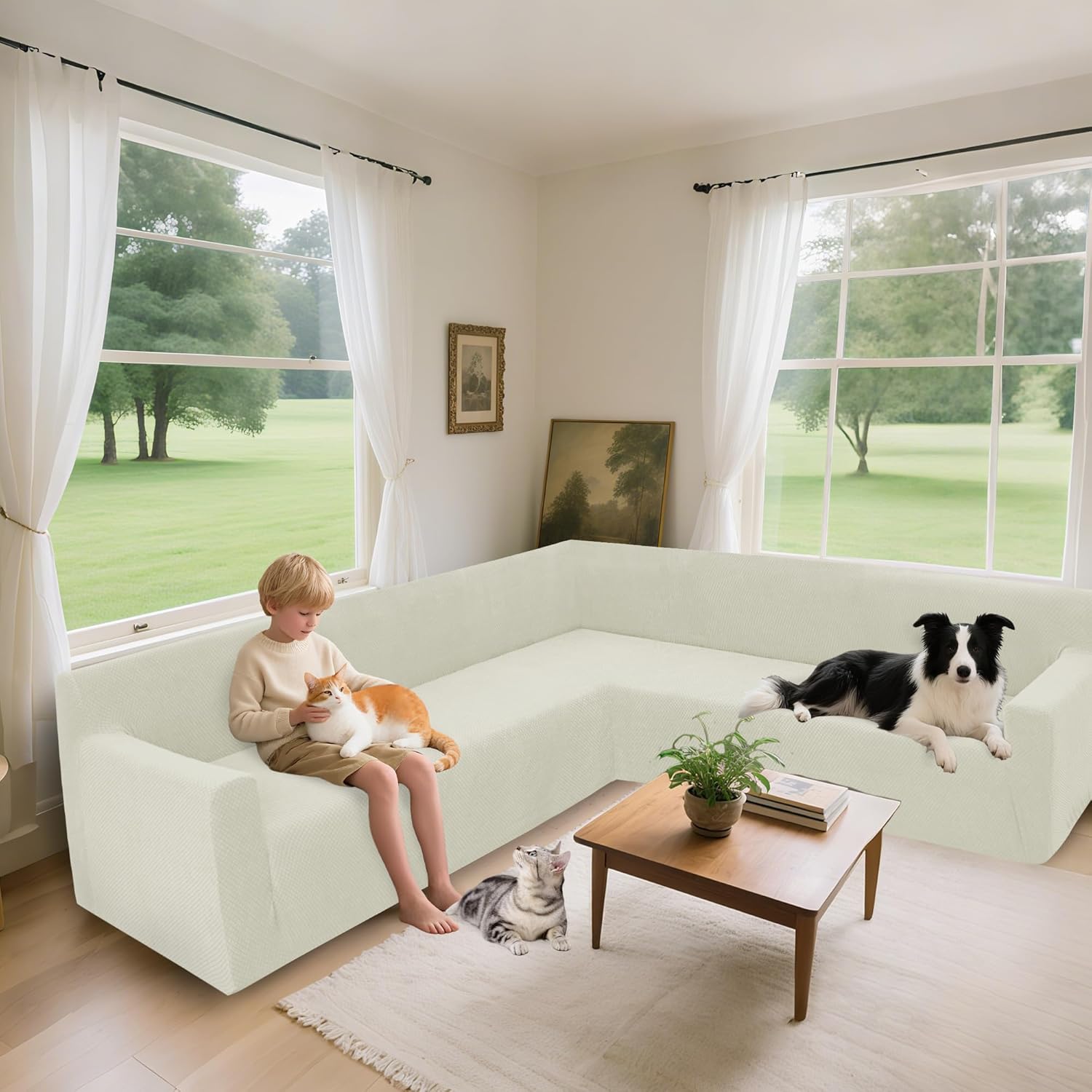 Arfntevss Stretch Sectional Couch Covers L Shaped Corner Sectional Sofa Cover Washable Jacquard Soft Fleece U Shape Sofa Slipcovers Anti Slip Furniture Protector for Dogs Pets (X-Large, Cream)