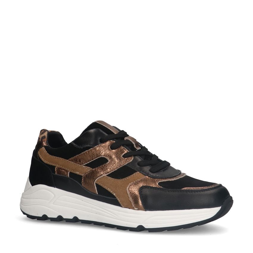 Manfield Zwarte leren sneakers met bruine details