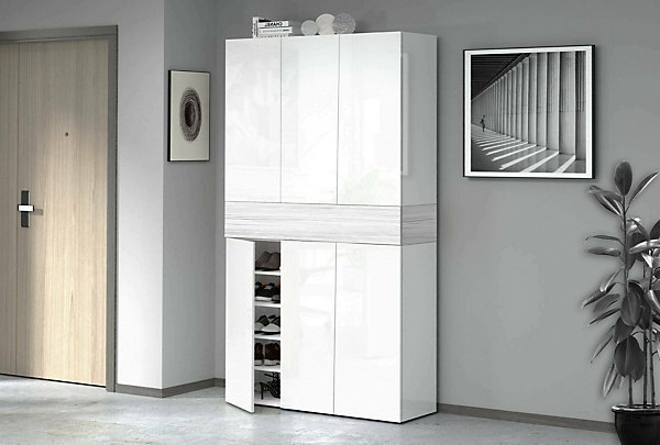 Meuble chaussures Dcancellier, meuble à chaussures peu encombrant à 7 portes, 114x38h200 cm, effet mélèze blanc