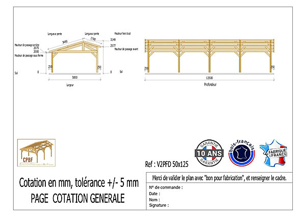 Carport adossé une pente 500cmx1250cm, bois DOUGLAS Français (Charpente en bois-auvent-abri voiture) 63 m². Garantie 10 ans