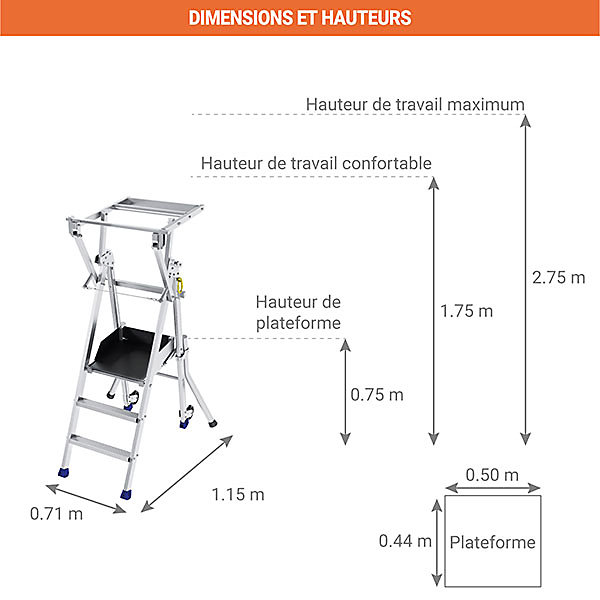 Escabeau PIRL 3 marches - Hauteur max. de travail 2.75m - PIRL3RM/STO