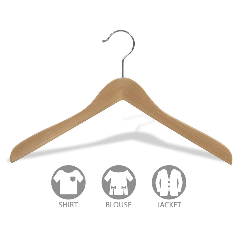 Concave Wooden Top Hanger with Natural Finish, Thick Curved Coat Hangers with Chrome Swivel Hook for Jackets or Fine Shirts