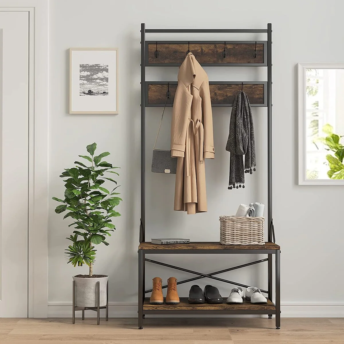 BOSCARE Vintage Coat Rack Shoe Bench - 31.5W*15.7L*72H Inch