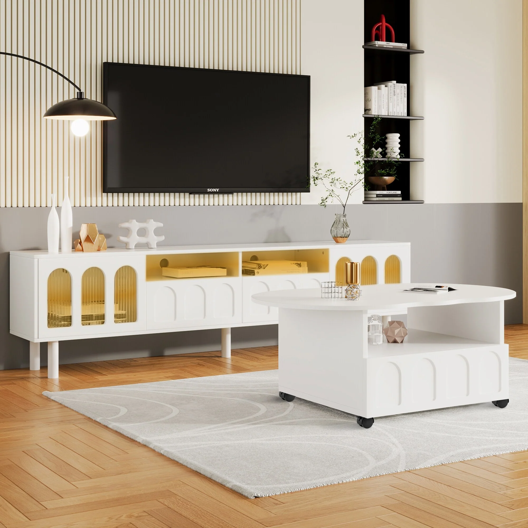 White Cream Style TV Stand and LED Coffee Table Set for TVs Up to 80