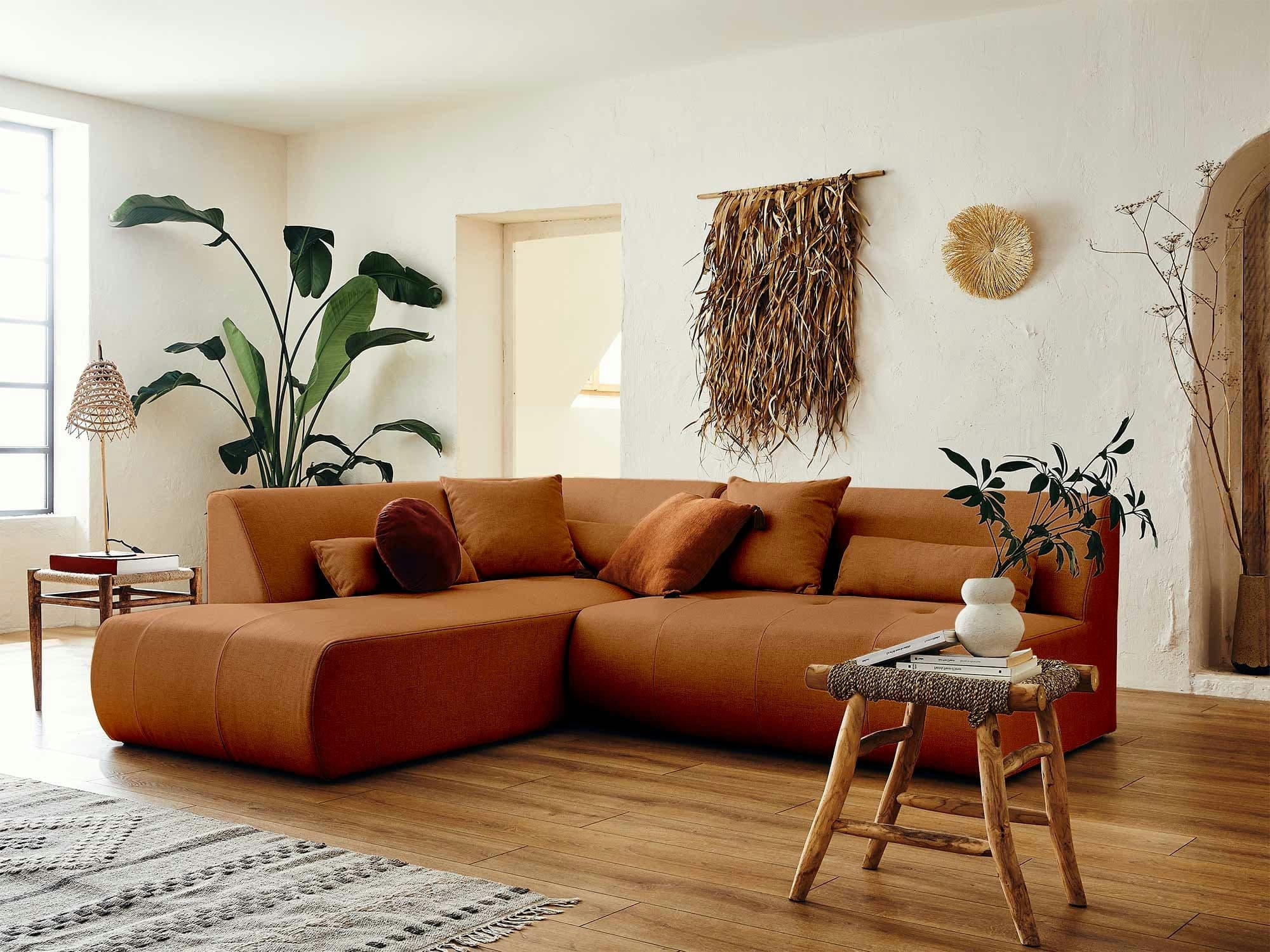 ONYX - Canapé modulable 5 places angle gauche en tissu rouille