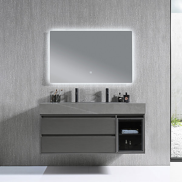 Meuble salle de bain double vasque 120cm gris et effet marbre gris avec miroir LED LB-8512G-120