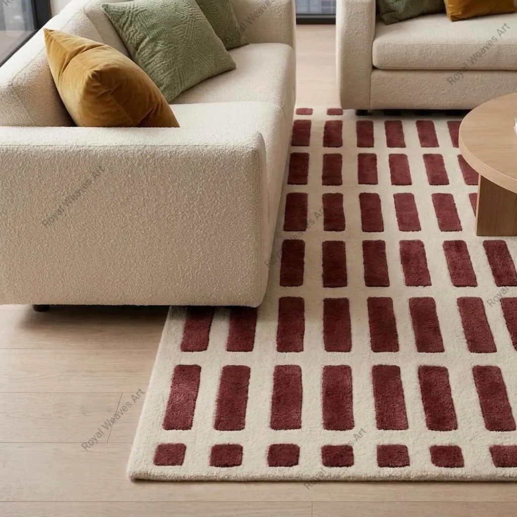 Hand Tufted Burgundy Wool Rug | Geometric Brick Pattern Area Rug | Modern Living Room Carpet | 5x7 | 6x9 | 8x10 | 9x12