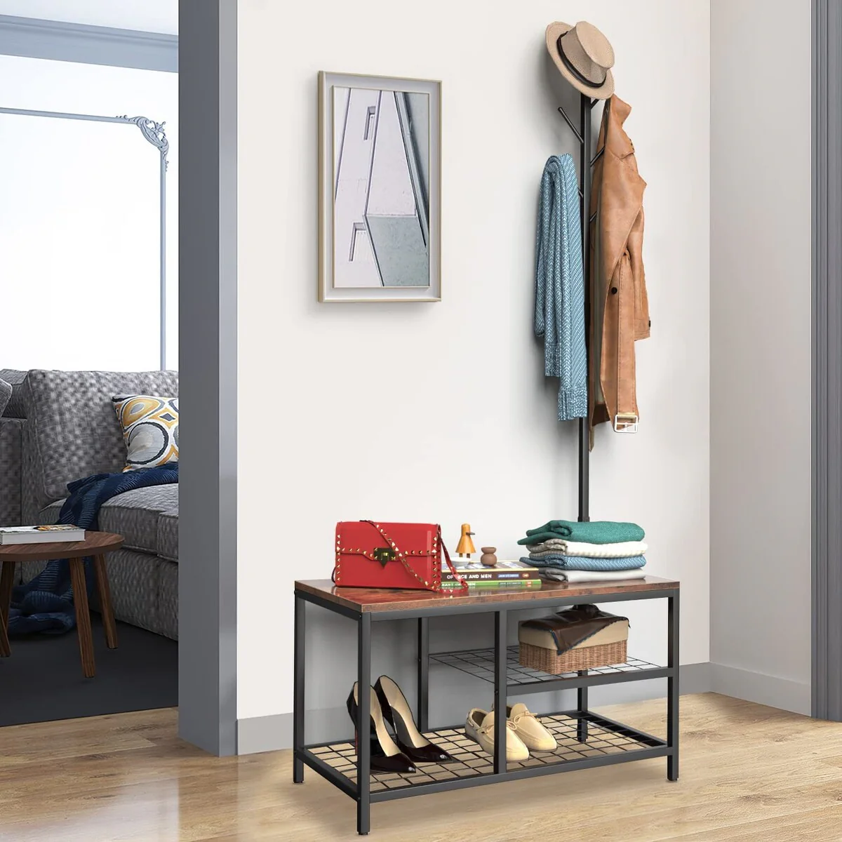 Lakyah Wood 3-in-1 Standing Hall Tree Coat Rack with Bench Rustic Brown