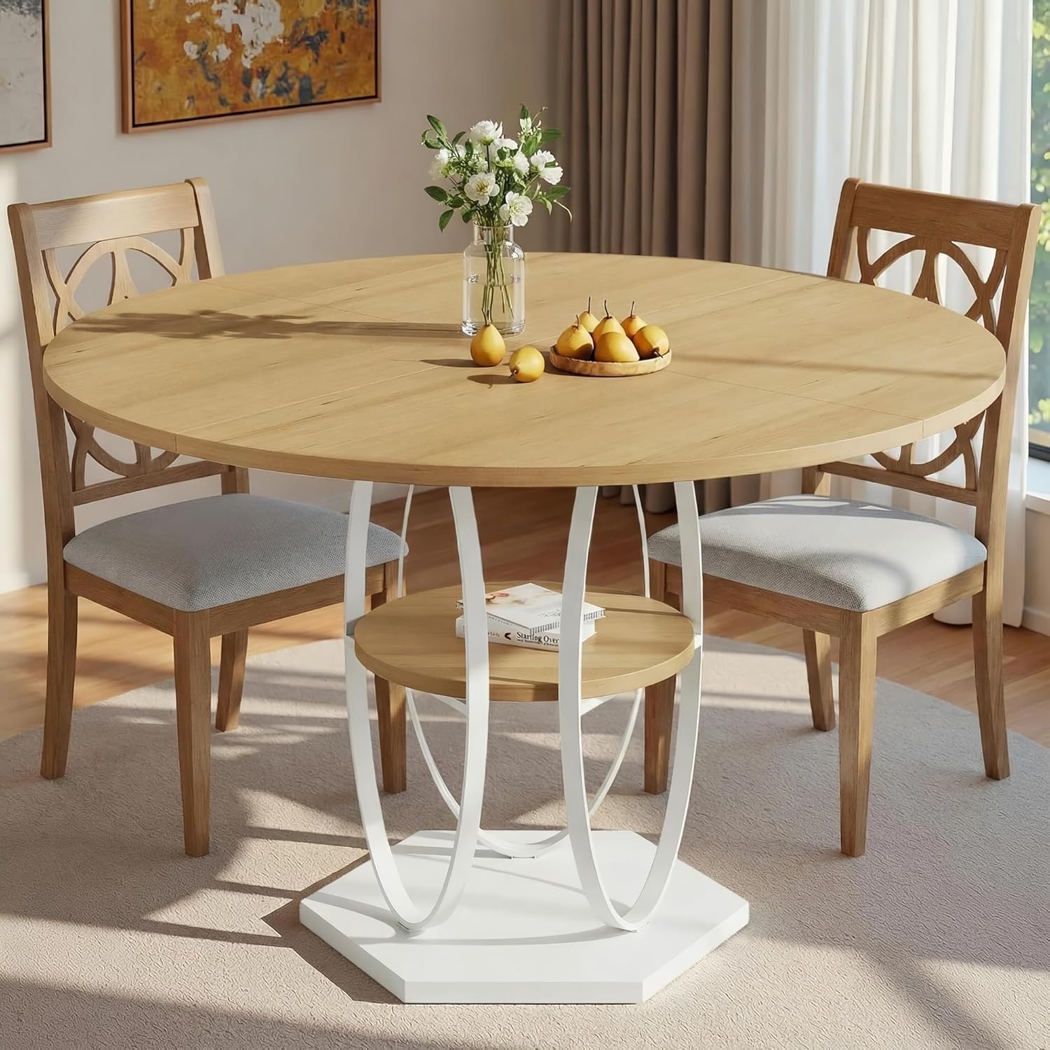 47.2 Round Dining Table for 4-6, Circle Kitchen Table with Open Storage Shelf, Modern Wooden Dinner Table with Metal Pedestal Base, Dining Room Tables for Kitchen Small Space, Natural Wood