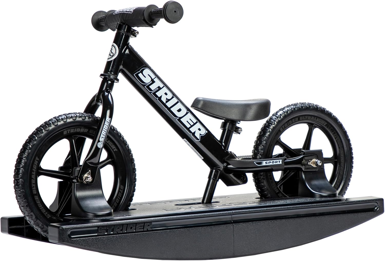 Strider 12” Pro Bike + Rocking Base - Helps Teach Baby How to Ride a Balance Bicycle - for Kids 6 Months to 4 Years - Easy Assembly & Adjustments
