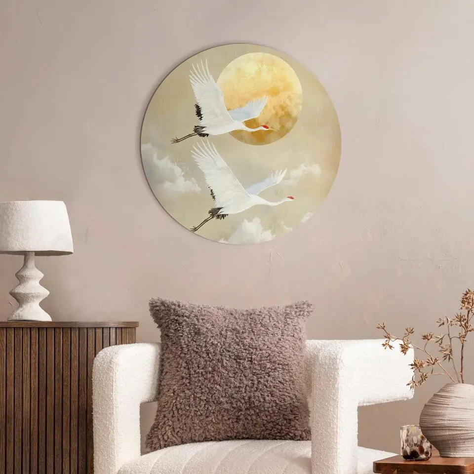 Glasschilderij Kraanvogels onder de maan - &Oslash; 50 - Beige