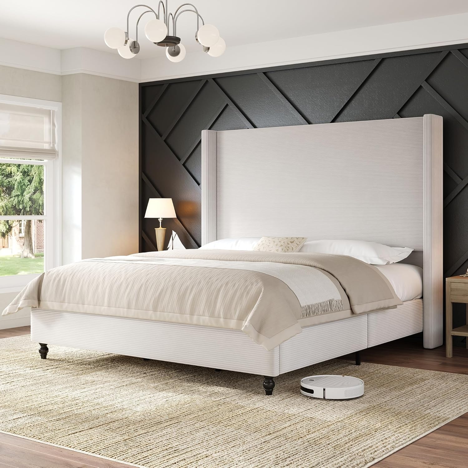 AMERLIFE King Size Bed Frame with 65 Tall Headboard, Upholstered Corduroy Bed Frame with Wingback, Platform Bed with Solid Wood Gourd Legs, Solid Slats, No Box Spring Needed, White