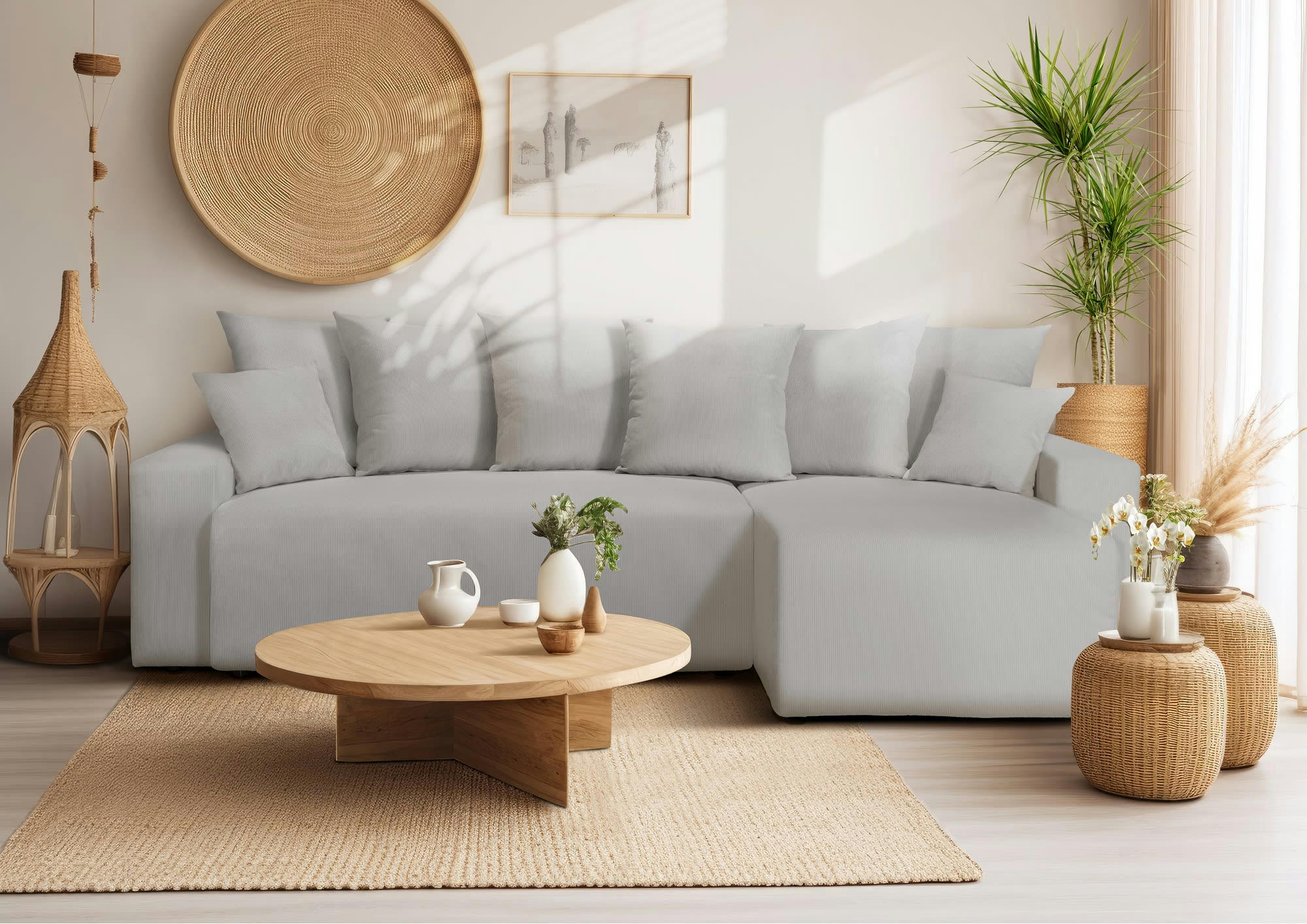 ARTHUR - Canapé angle convertible 3 places  en velours côtelé grège