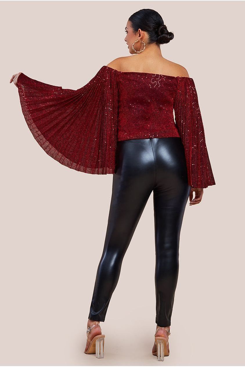 Goddiva Sequin Sparkling Bardot Pleated Sleeve Top
