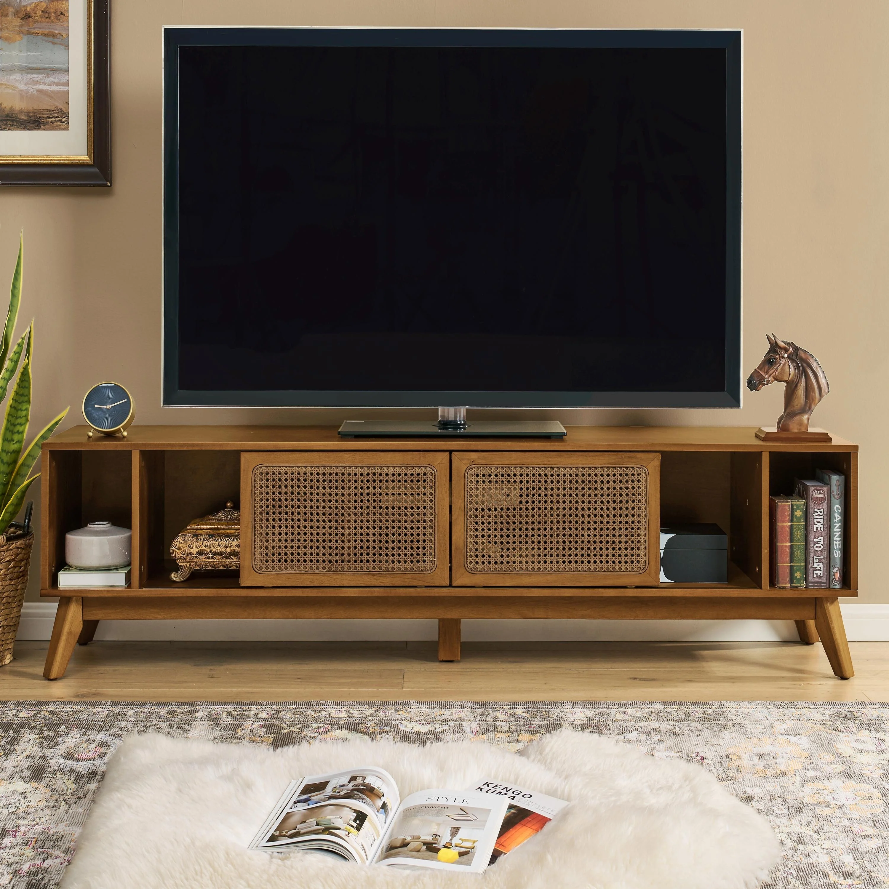 67.9 Inch Mid Century Modern Rattan TV Stand for TVs up to 75