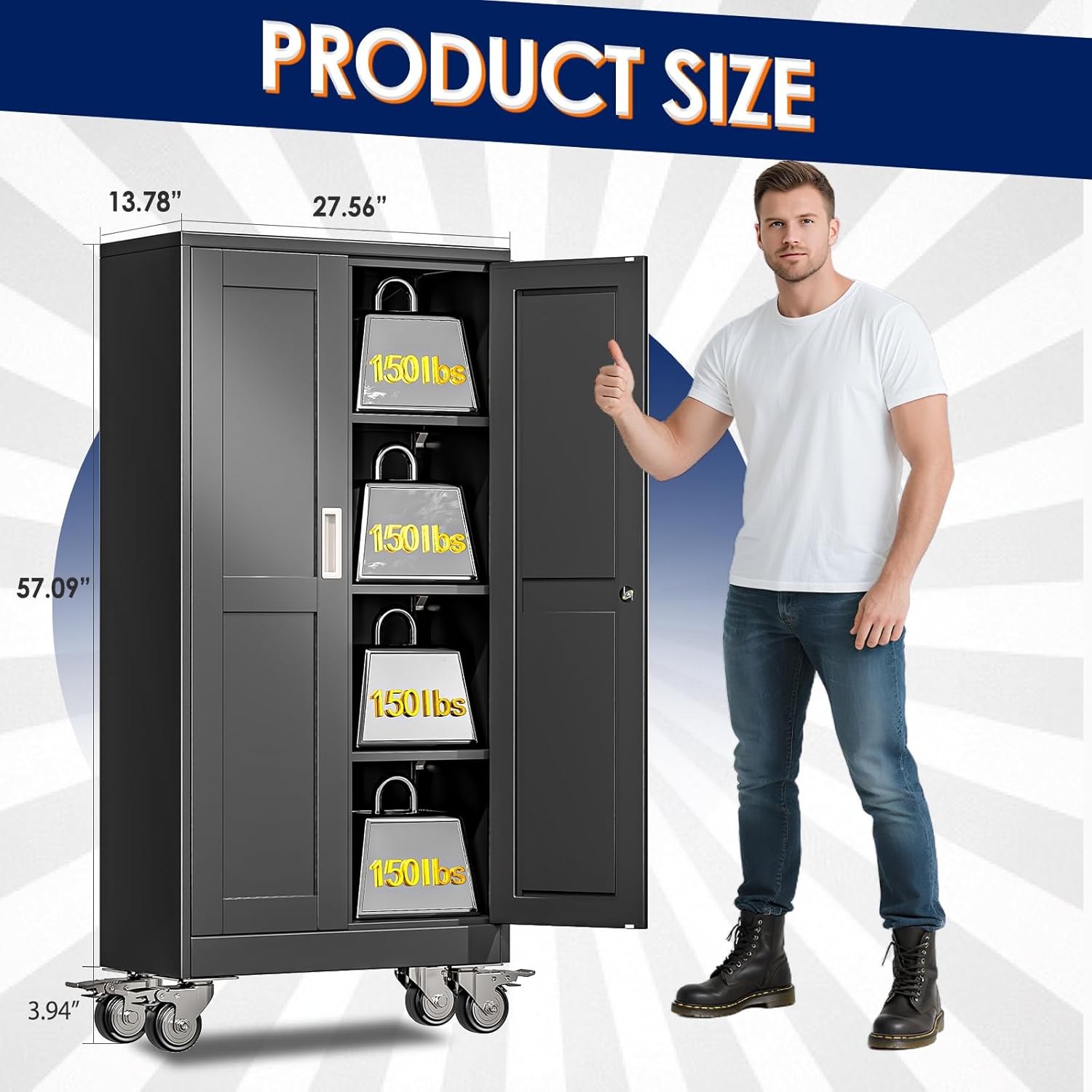 erosoei 61 H Metal Garage Storage Cabinet, Rolling Tool Cabinet with 2 Doors and Wheels, Locker Steel Cabinet with 3 Adjustable Shelves, Organization Cabinet for Garage,Office,Home,Gym,School（Black）