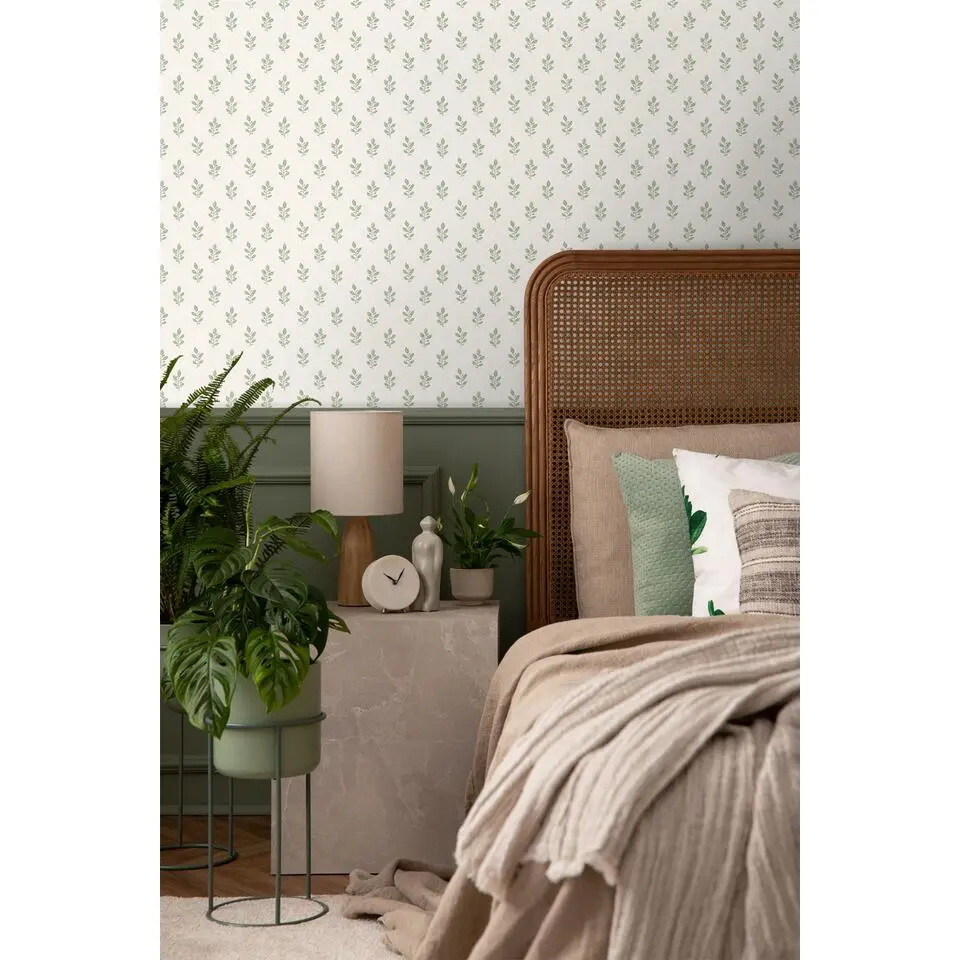 Borastapeter behang bloemetjes groen en beige - 53 cm x 10.05 m