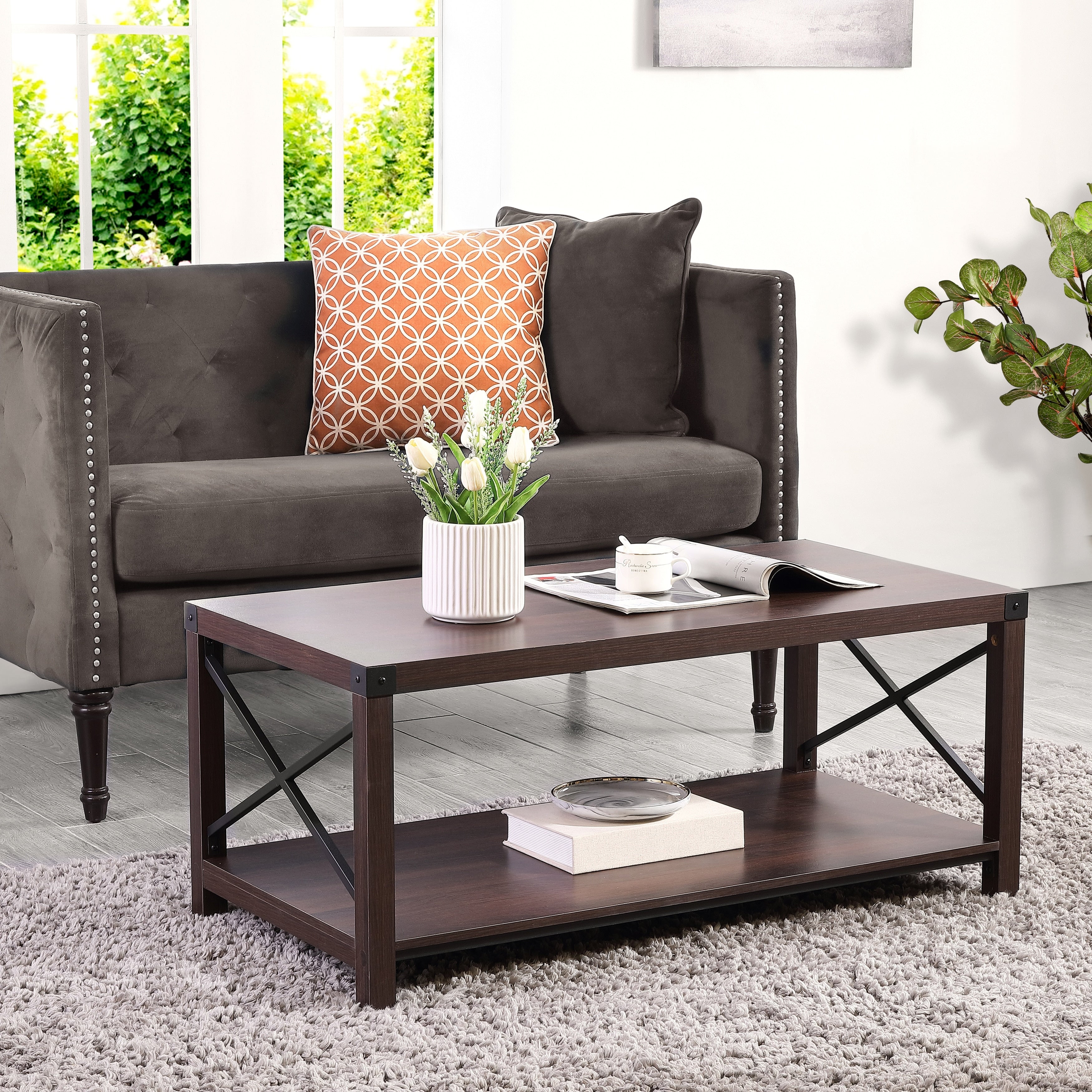 Ledel 39-inch Rustic Wood Coffee Table with Storage Shelf