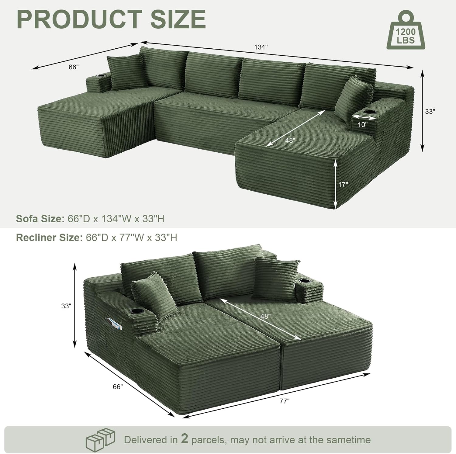 134 U Shaped Boneless Couch with Chaise, Oversized Modular Sectional Sofa with Cupholders & Storage Corduroy Cloud Couches for Living Room, Free Combination, No Assembly Required, Green