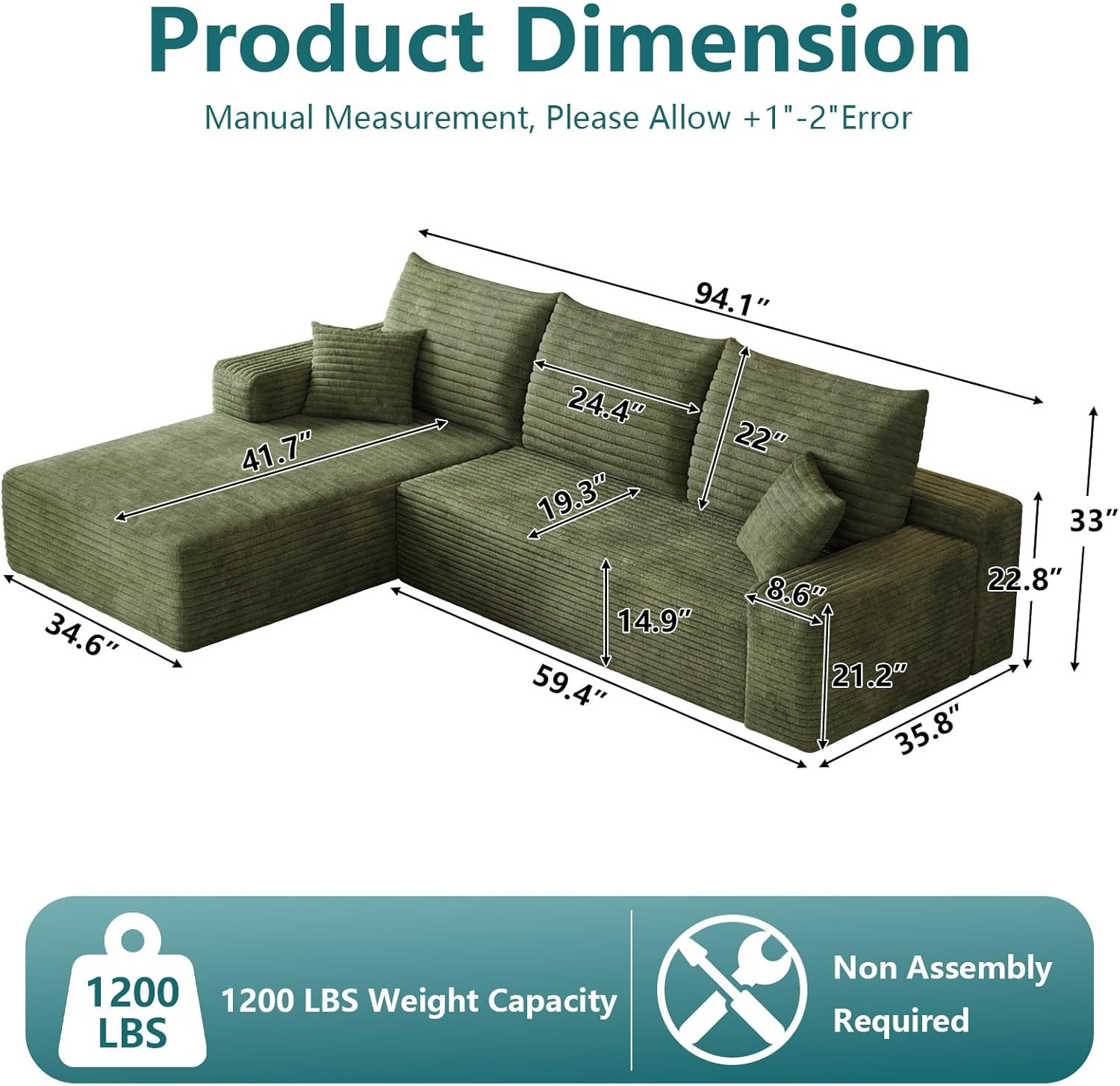 95 Modular Sectional Couch, Boneless L Shaped Cloud Sofa with Chaise Lounge, Corduroy Upholstered Couches Memory Foam Deep Seat, No Assembly Required, Ideal for Living Room(Green, Left Facing)