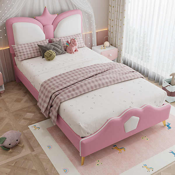 Lit 90x200 cm avec tête de lit en forme de couronne, tapissé PU rose et blanc, cadre métal et pieds dorés