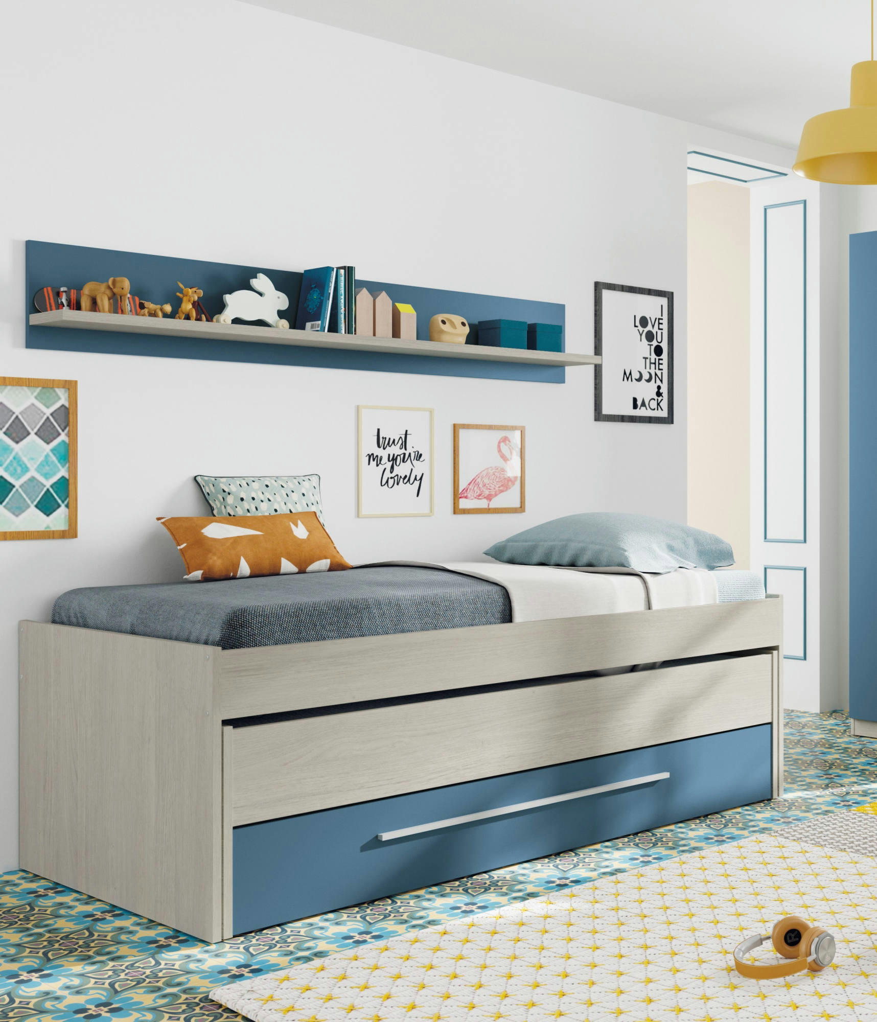 SUNNYVALE - Lit simple effet bois blanc et bleu