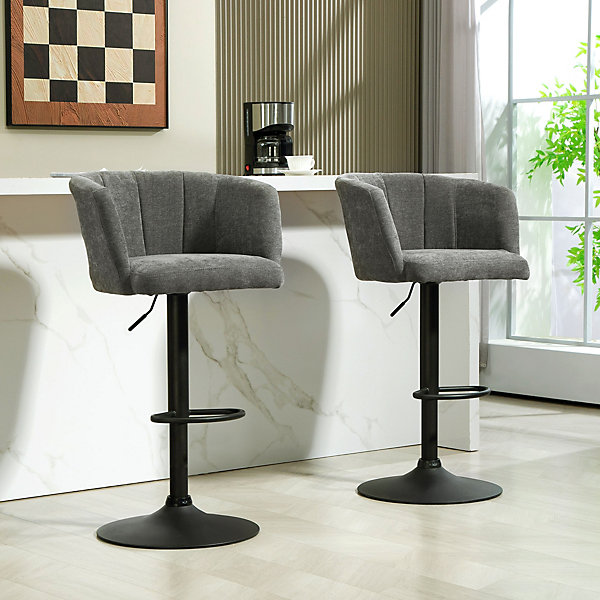 Paire De Tabourets De Bar En Tissu Lin Gris Foncé - Réglables, Pivotants, Repose-pieds