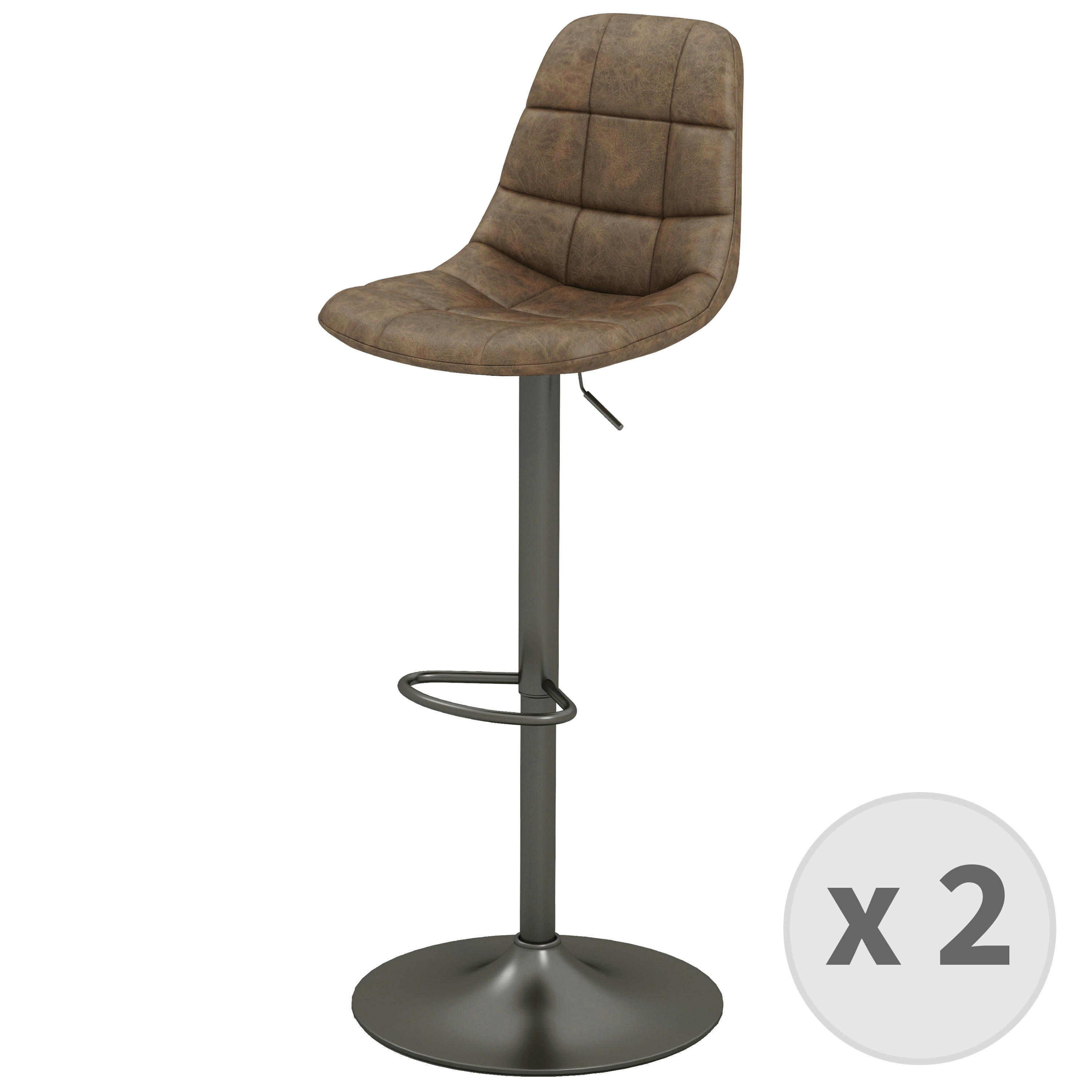HENRIK - Tabouret de bar en cuir synthétique Marron- gris bronze (x2)