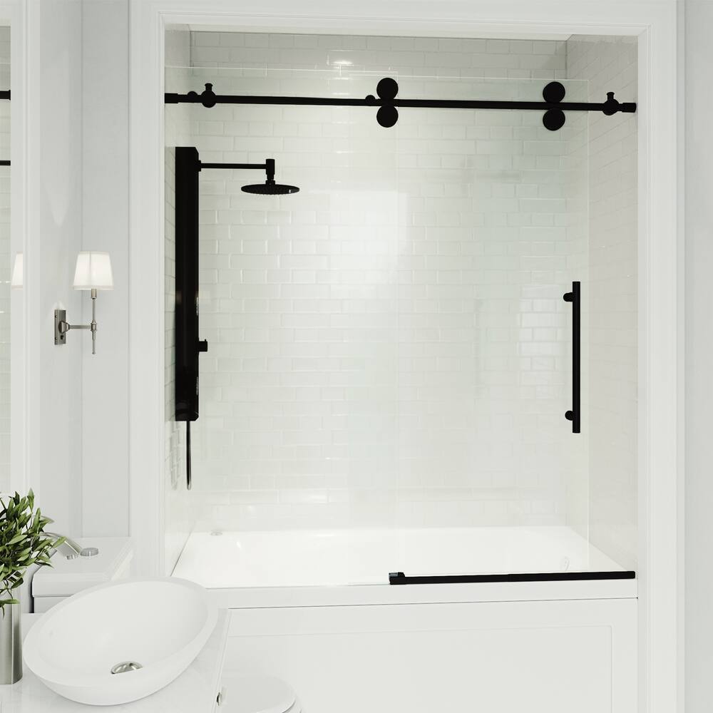 VIGO Elan Frameless Adjustable Sliding Bathtub Door with Clear Glass, Matte Black, 60x66-in