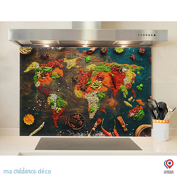 Crédence cuisine fond de hotte Epices et carte du monde 2 - Verre trempé - L 90 cm x H 70 cm - MaCrédenceDéco