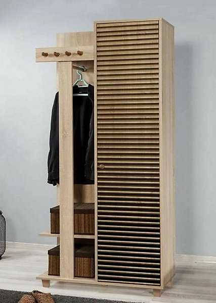 Meuble d'entrée Savina, Crochet d'entrée, Composition pour l'atrium, Console de rangement multifonction, 90x36h194 cm, Chêne