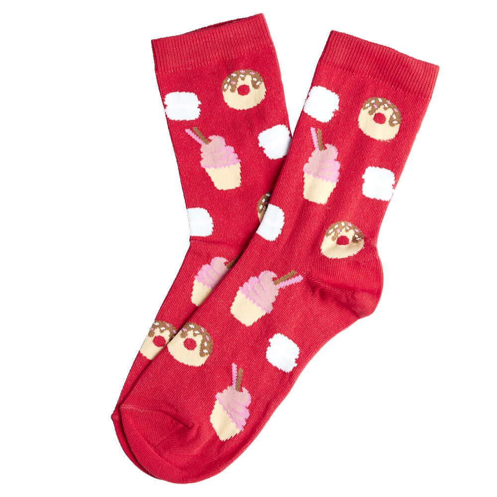 Chaussette femme polycoton tige longue rouge motif gâteau T36/40