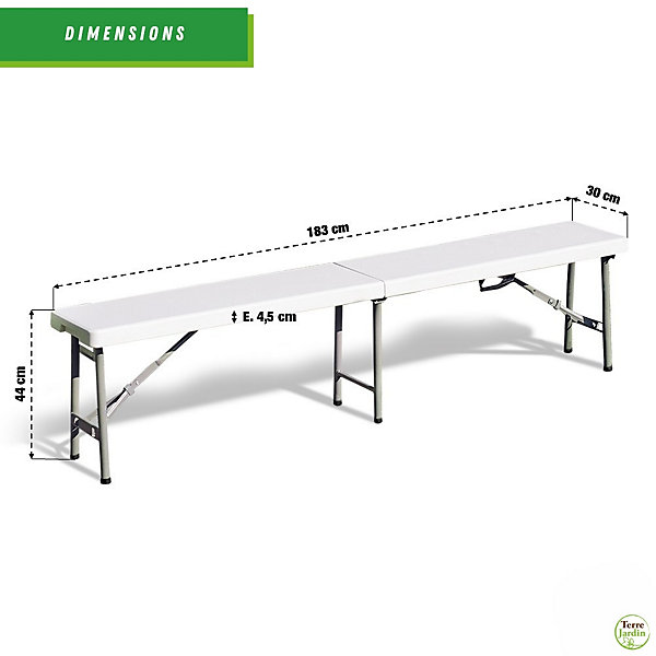 Banc de jardin pliant en plastique blanc 183 cm avec poignee, pieds acier, 4 places, charge 400 kg