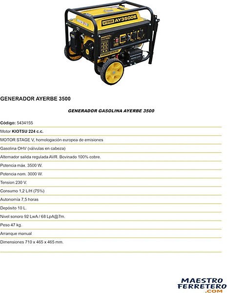 Groupe électrogène essence 3500 W moteur Kiotsu 224 cc démarrage manuel