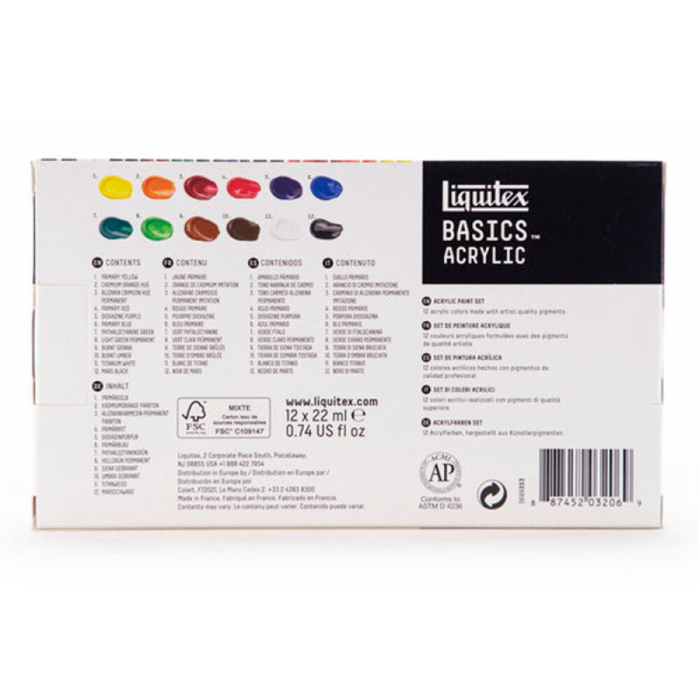 AKRYLFARGE BASEPALETT LIQUITEX SETT 12 FARGER