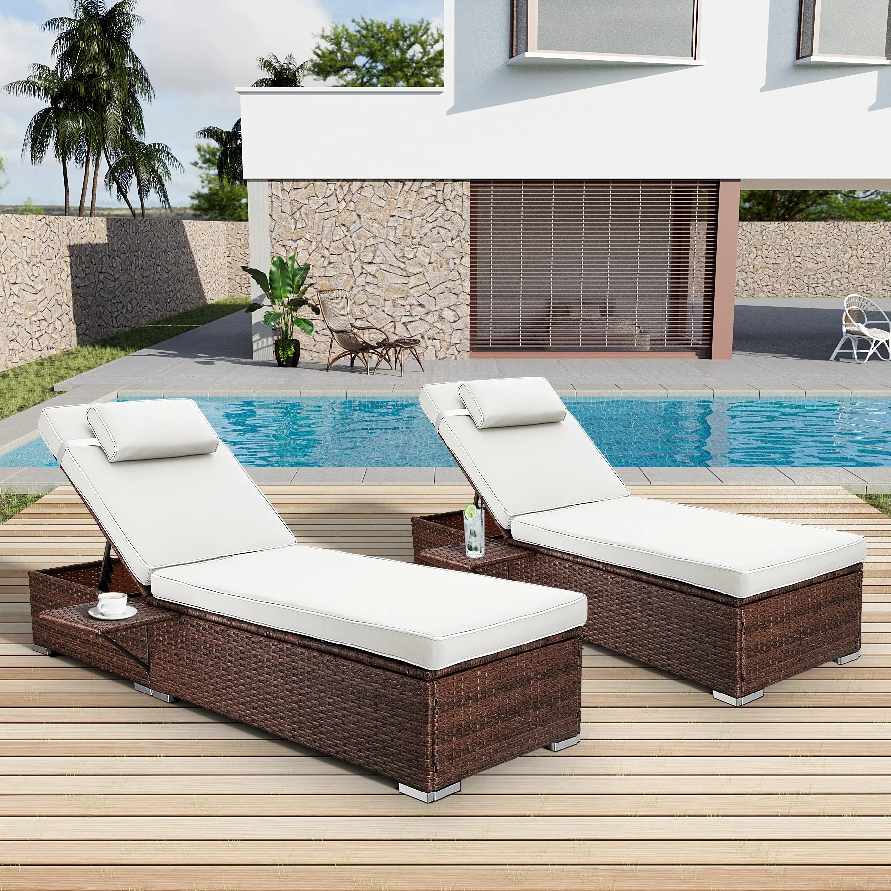 Ouyessir 2-pieces Outdoor Wicker Chaise Lounge with Adjustable Backrest