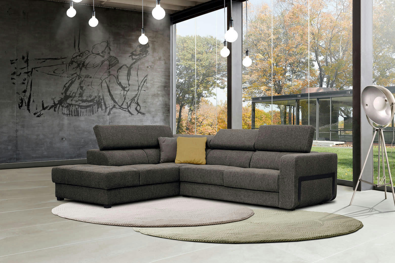 BERGO - Canapé d'angle gauche 5 places en tissu marron avec coussins déco