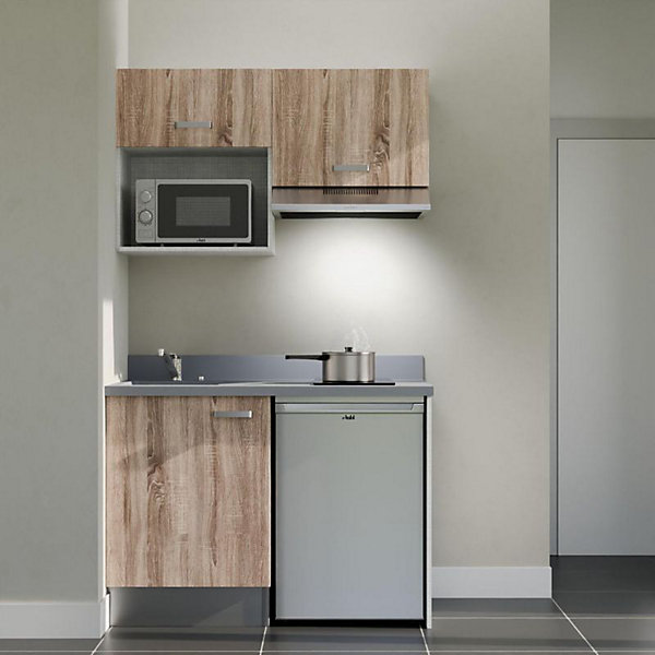 Kitchenette K02 - 120 cm - façades Bois - Plan monobloc en quartz coloris Cromo évier à gauche - Electroménager Inox