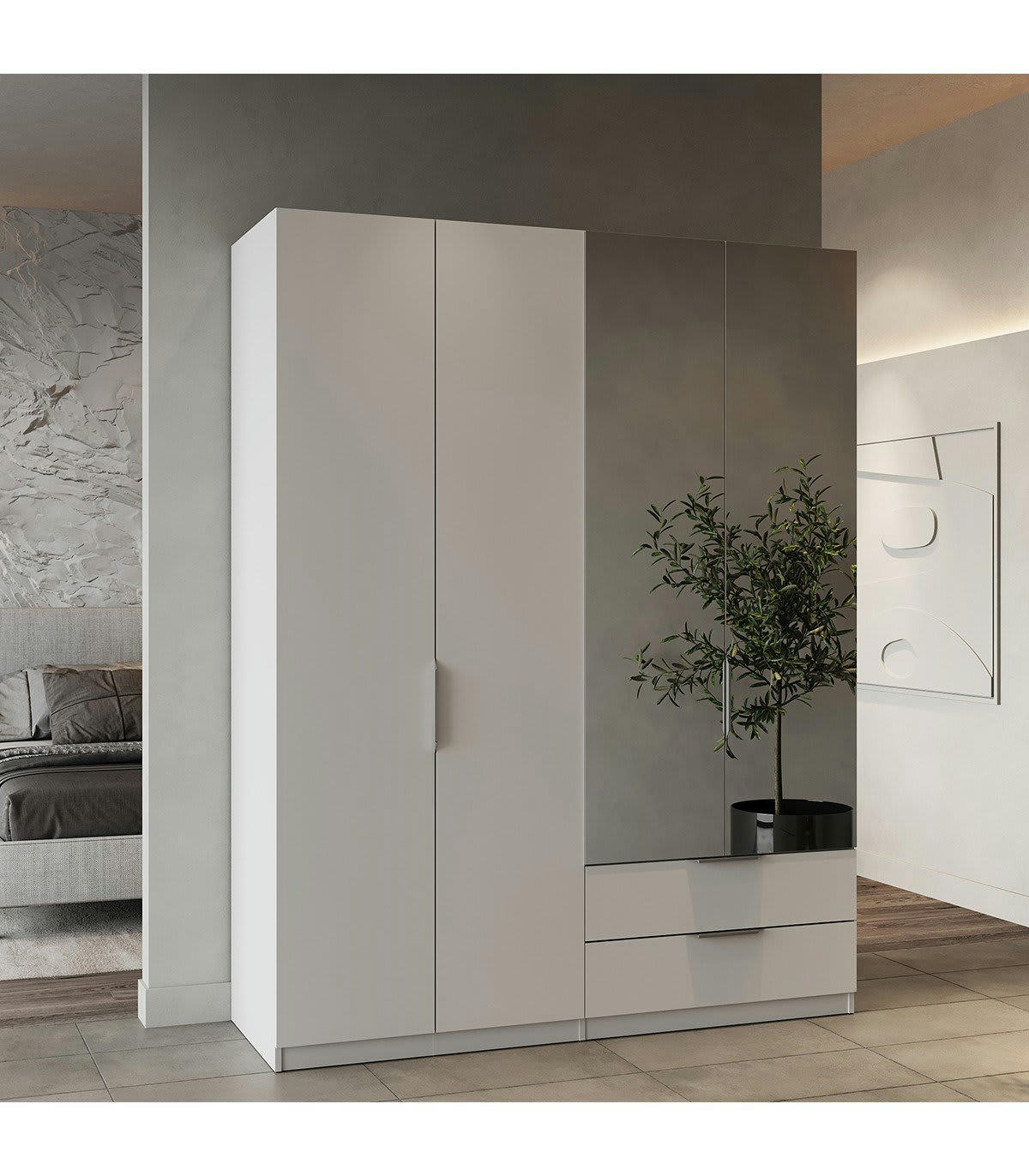 GHOST - Armoire 4 portes, 2 tiroirs et 2 miroirs - L157,3 cm