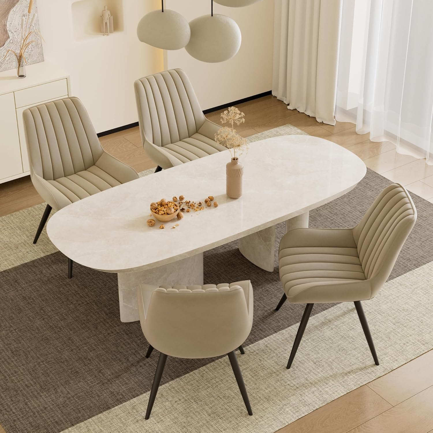 Mid Century Modern Dining Chairs Set of 4, Soft Cushion Upholstered Fabric Kitchen Chairs, Dark Beige