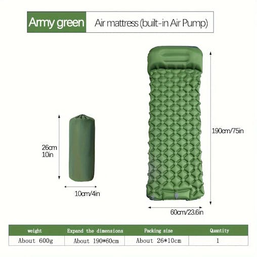 NNEOBA Ultralight Inflatable Camping Sleeping Pad with Built-In Pillow Green