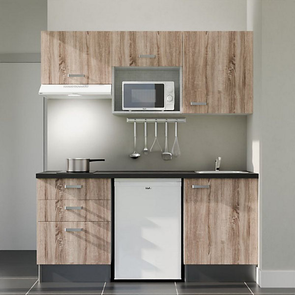 Kitchenette K20 façades Bois - Plan de travail Noir texturé - Crédences : Non - Evier inox - Electroménager Blanc inclus