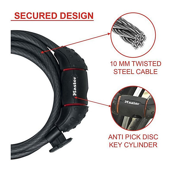 Master Lock Cable antivol velo 1 8 m acier 10 mm cle disc support fixation