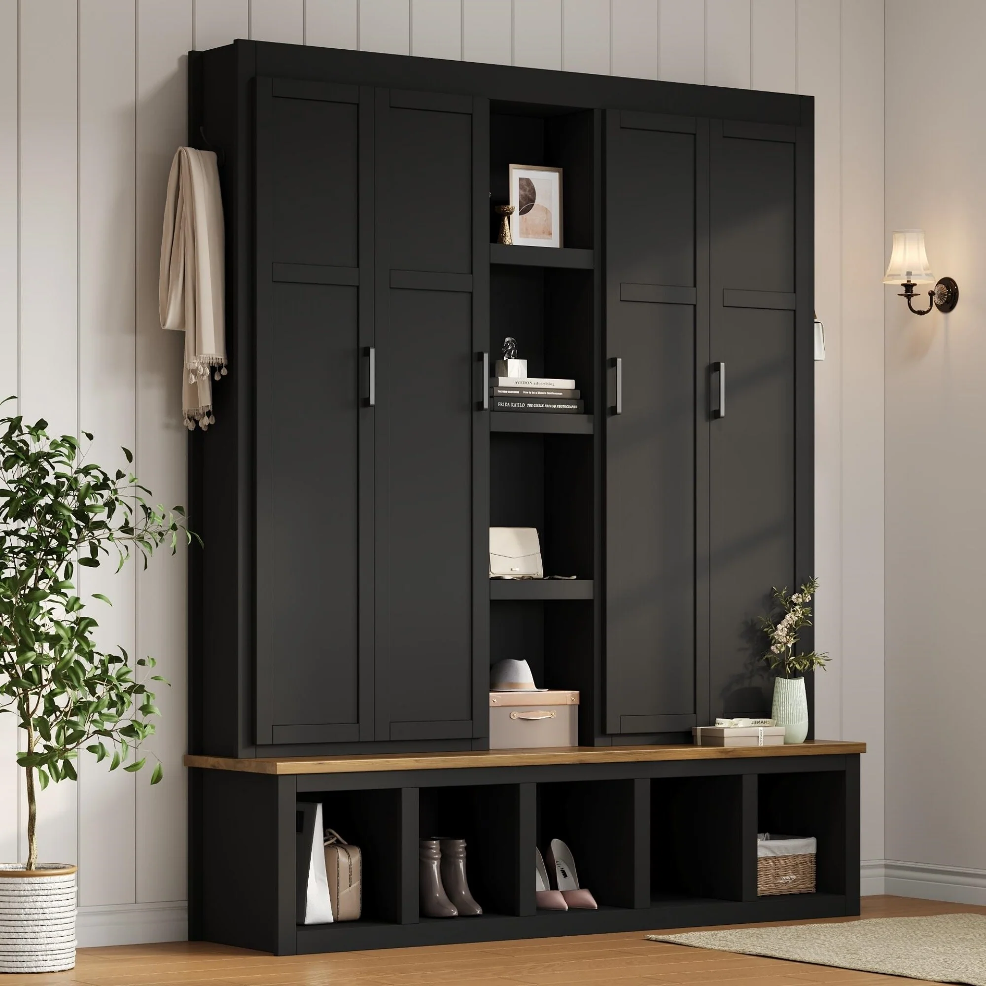 4-in-1 Hall Tree with 6 Hanging Hooks, Entryway Shoe Cabinet with Open Compartments, Wood Bench with Multiple Storage Space