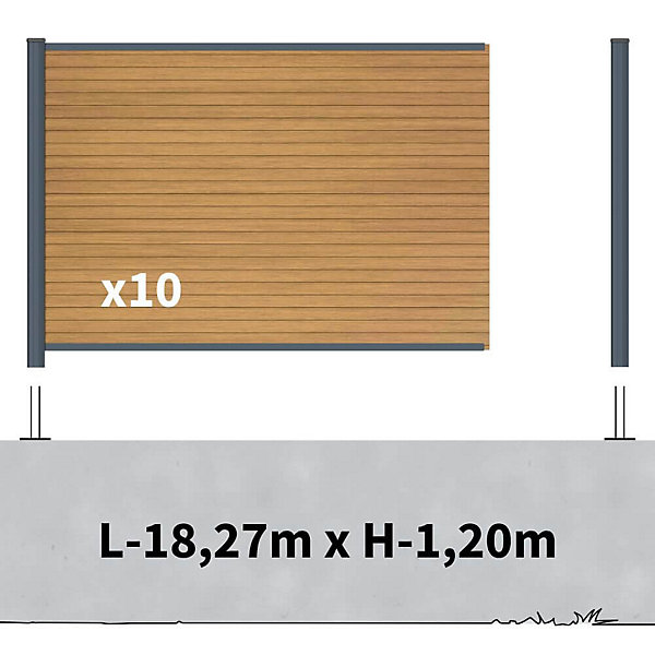 Kit clôture composite sur muret poteau sur platines - SANTOS Cèdre H-1,2m