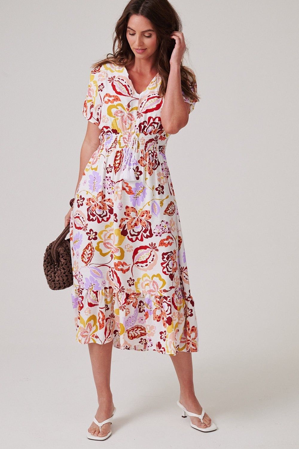 Klass. Floral Printed Smocked Waist Midi Dress